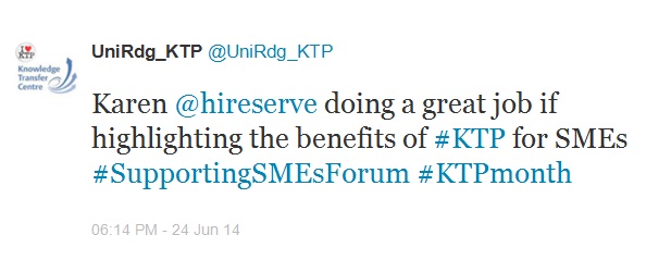 Tweet from the University of Reading KTP Twitter account