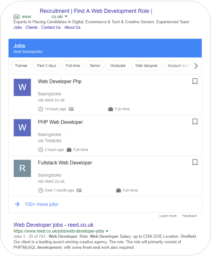 Example of Google for Jobs listing for Web Developer job