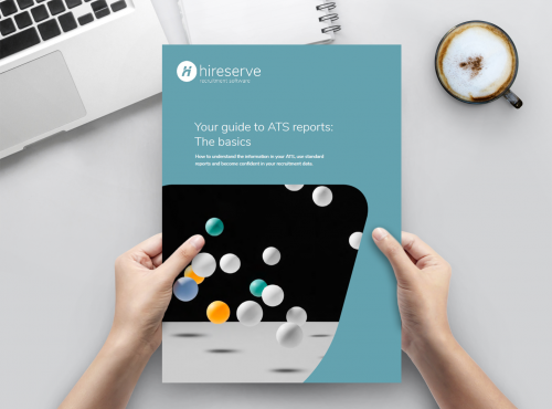 Image of Hireserve ATS reporting and recruitment analytics guide, being held by two hands